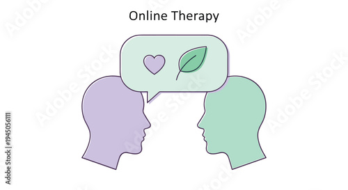 Two stylized head silhouettes, purple and green, face each other with a shared speech bubble containing a heart and leaf.