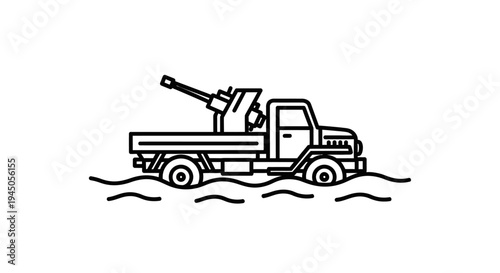 Military Truck with Anti-Aircraft Gun on Water - Line Art Icon