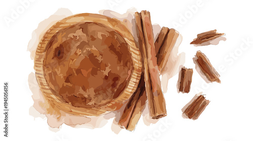 Watercolor pie with cinnamon sticks and parchment paper on checkered background