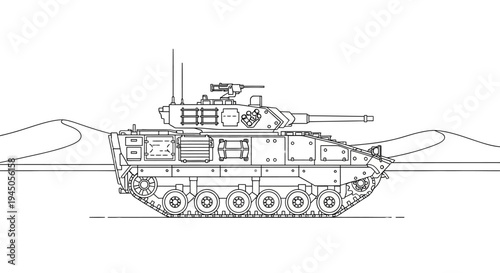 Military Tank Blueprint Drawing, Armored Vehicle Line Art, Desert Landscape Background