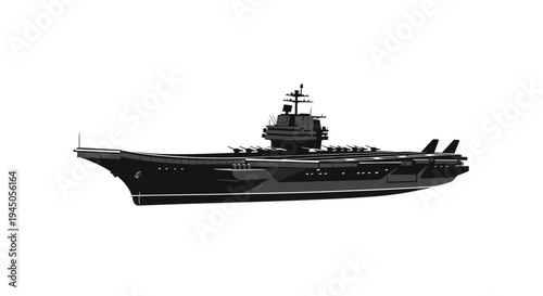 Modern Aircraft Carrier Silhouette - Side View on White Background