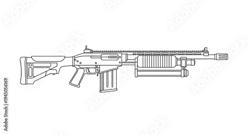 Modern Assault Rifle with Grenade Launcher Attachment - Line Art Illustration