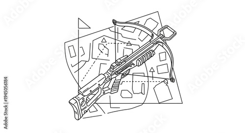 Modern Crossbow with Technical Drawing Elements, Precision Weaponry Concept