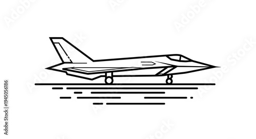 Modern Fighter Jet Aircraft on Runway, Line Art Illustration