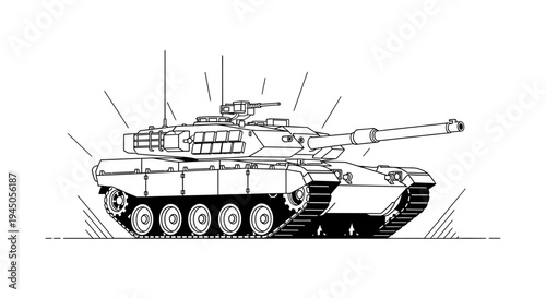 Modern Battle Tank Illustration - Military Vehicle Line Art