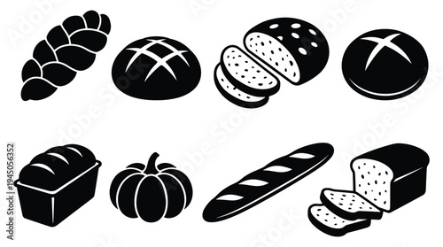 Set of black and white bread and pastry icons for bakery or food-related designs