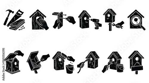 Collection of birdhouse building and maintenance icons in black and white style