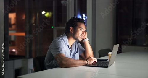 Quadro em tela Bored, laptop and night with business man in office for planning fatigue or research deadline