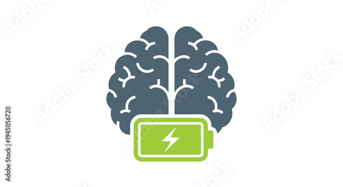 A stylized gray human brain icon with visible lobes sits above a vibrant green battery icon with a lightning bolt on a clean white background.