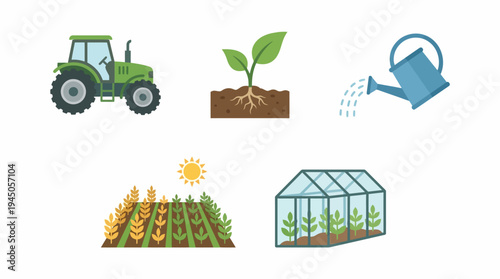 Modern agriculture concept with tractor, seedling, watering can, crop field and greenhouse illustrating sustainable farming practices