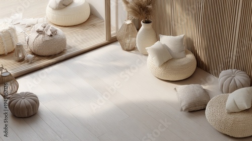 Minimalist interior with soft furniture pillows and decor elements