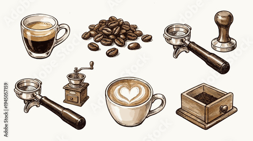 Illustration of coffee accessories including beans, manual grinder, portafilter, tamper, and a latte with heart latte art in a rustic still-life setup.