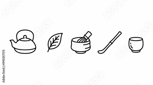 Minimal line art icon set of kitchen tools: teapot, leaf, mortar and pestle, knife, and cup for cooking, tea, and culinary decor.
