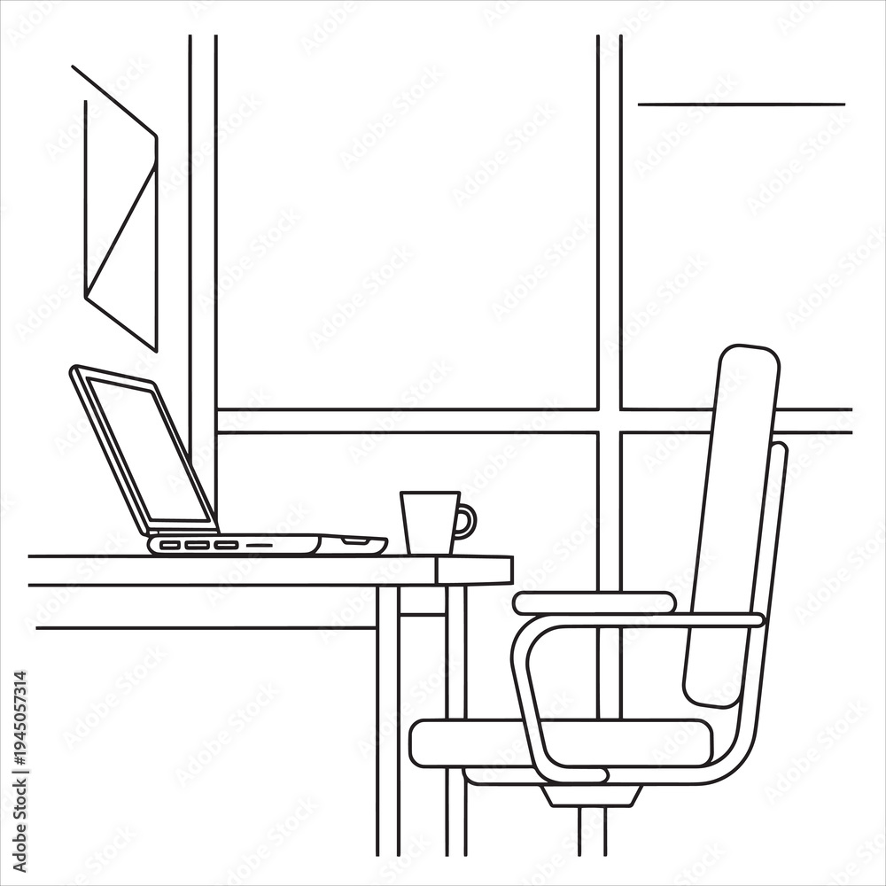 Fototapeta premium Vector illustration of office workspace with laptop and chair