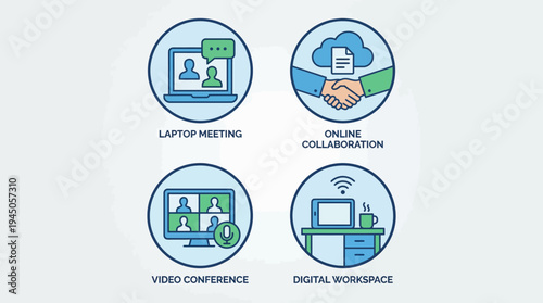 Remote work and collaboration concept featuring laptop meetings, online collaboration, video conference, and digital workspace icons for modern distributed teams