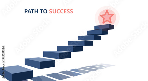 A diagonal path of eight solid dark blue rectangular blocks ascends towards a glowing red star outline on a pristine white background.