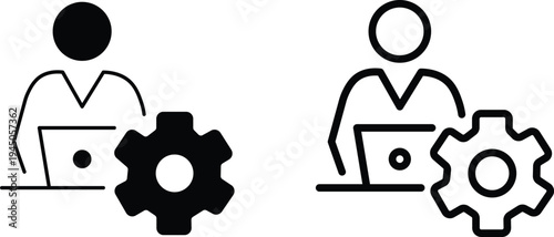 Outline and solid icon depicting a person working on a laptop with a settings gear, symbolizing user administration, technical support, or system configuration.