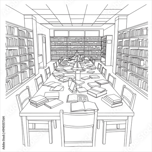 Vector illustration of a library interior with tables and bookshelves