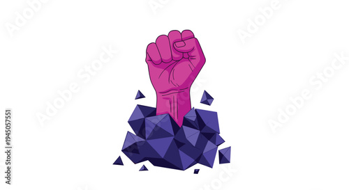 A vibrant pink clenched fist with visible knuckles and fingernails emerges from a fragmented pile of dark purple, angular geometric shapes on a clean white background.