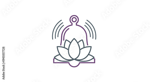 A minimalist line art illustration depicts a bell outline with two sets of parallel sound waves emanating outwards, featuring a detailed lotus flower at its base on a clean white background.