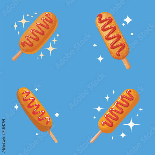Golden corn dog on stick with red ketchup topping fast food snack vector illustration
