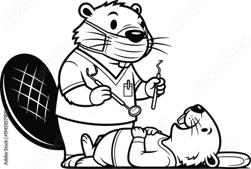 Cute Beaver Dentist Wearing Protective Mask Holding Dental Tools Performing Checkup on Patient Cartoon Vector Illustration for Pediatric Dentistry Health
