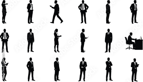 Business People Silhouette Collection with Standing Walking Talking and Working Poses Corporate Professionals Office Team Vector Isolated Set