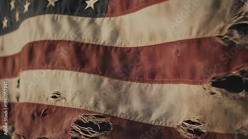 Distressed American Flag Texture - This video shows a close-up of a heavily distressed American flag with noticeable tears, holes, and a grungy texture.