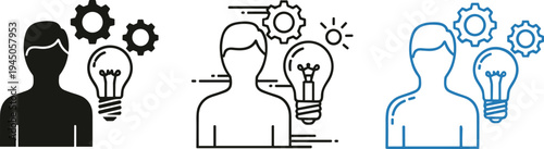 Conceptual vector icons set of person with light bulb and gears representing creative thinking innovation problem solving and human brain power