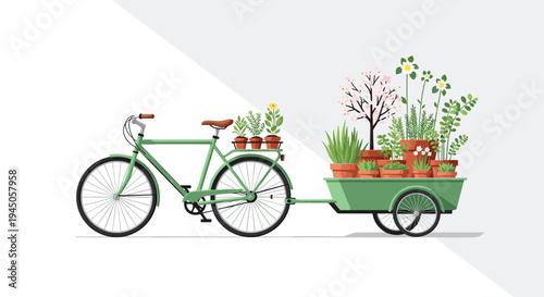 A light green bicycle with a brown seat is pulling a matching green trailer filled with various potted plants on a white and grey background.