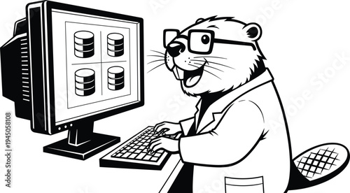 Cute Beaver Scientist in Lab Coat and Glasses Working on Retro Computer Managing Database Server Infrastructure and Data Storage Systems