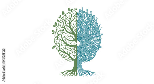 A stylized human brain is depicted as a tree, with its left half featuring green organic leaves and branches and its right half as a blue digital circuit board.