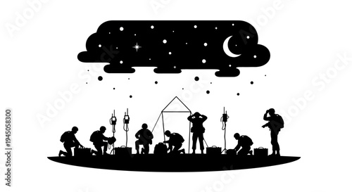 Nighttime scientific research camp with scientists working under starry sky and moon