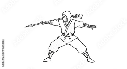 Ninja Warrior with Spear in Combat Stance, Martial Arts, Stealthy Fighter