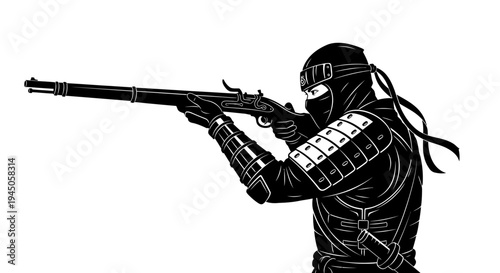 Ninja Assassin Aiming Old Musket Rifle - Black and White Silhouette