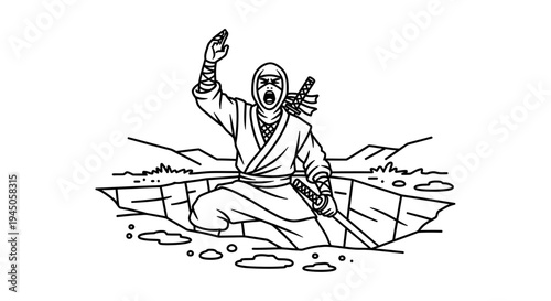 Ninja warrior emerging from cracked earth, dynamic action pose, Japanese martial arts concept