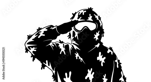 Paintball Player in Camouflage Suit Saluting, Action Sport, Tactical Gear, Outdoor Game