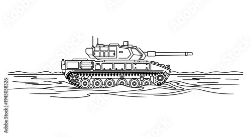 Outline Illustration of a Modern Military Tank Advancing Through Rough Terrain