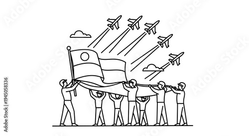 Patriotic Celebration: People Holding Flag with Airplanes Flying Overhead