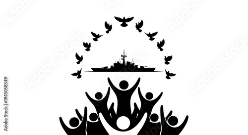 People Celebrate Peace and Freedom with Doves and Warship Silhouette