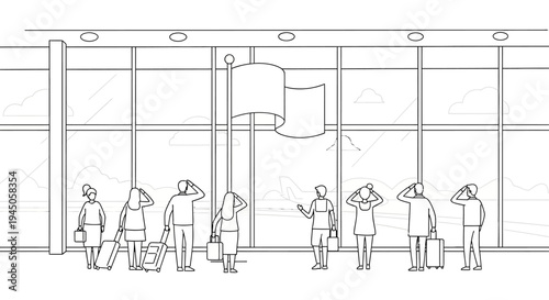 People waiting at airport terminal with large windows and flag