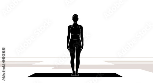 A black silhouette of a woman standing on a mat against a white background, conveying eco living and sustainability concepts in a simple, iconic design.