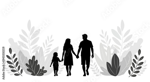 Black silhouette illustration of a family of three walking hand-in-hand surrounded by foliage, conveying eco living and sustainability on a white background.