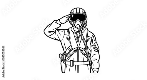Pilot in uniform saluting, wearing helmet and oxygen mask, military aviation concept