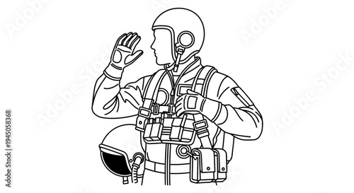 Pilot in uniform with helmet, giving hand signal for communication in aviation