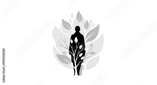 Vector illustration of a black silhouette of a person standing with a leafy plant on a white background, representing eco living and sustainability.