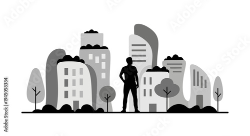 A black silhouette illustration of a man standing amidst a stylized cityscape with buildings and trees, promoting an eco-friendly lifestyle and sustainability.