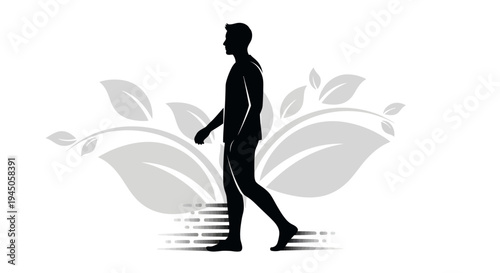 A black silhouette of a man walking in front of a leafy design with a natural and eco-friendly lifestyle theme in a simple, illustrative style.