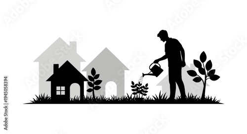 Black silhouette illustration of a man watering a plant in front of two houses with a natural background, conveying eco living and sustainability.