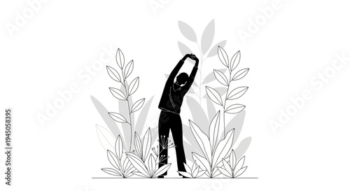 A black silhouette of a person stretching in a natural setting with plants, representing eco living and sustainability in a simple, iconic design.